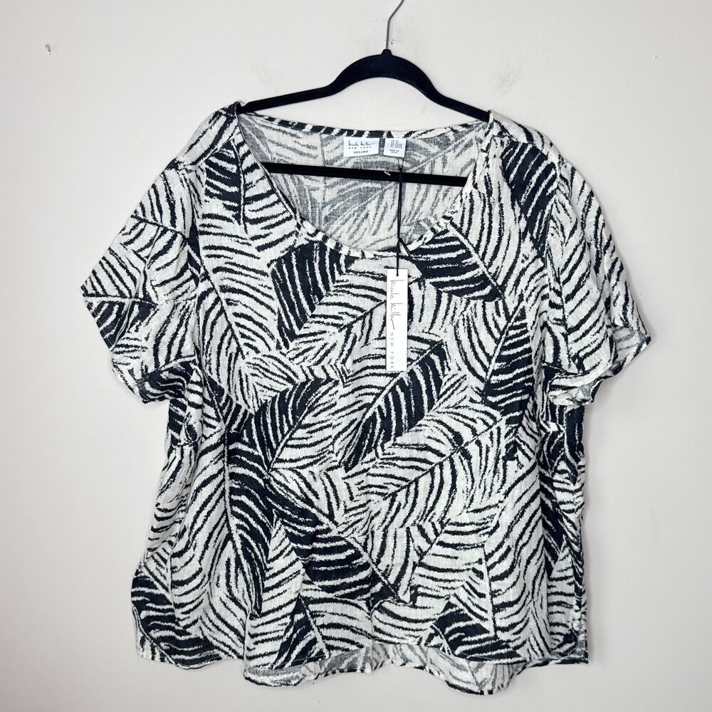 NEW‎ NWT Nicole Miller The Linen Collection Black & Beige Leaf Print Top Size 2X